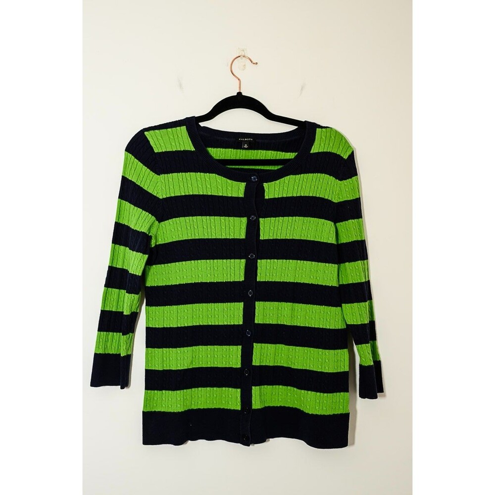 Talbots Sweater Cardigan button upā M Blue Green Stripe Spring Lightweight